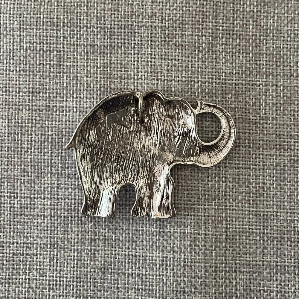 Vintage Elephant Pendant Silver Tone with Black Rhinestones & Tribal Leg Design